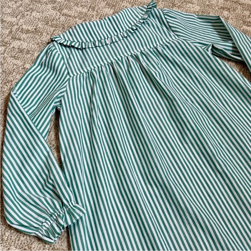 J.Crew Girls' Long-Sleeve Green Stripe Ruffle-Front Nightgown—S